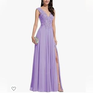 Chiffon Bridesmaid Dress V Neck Lace-Lilac